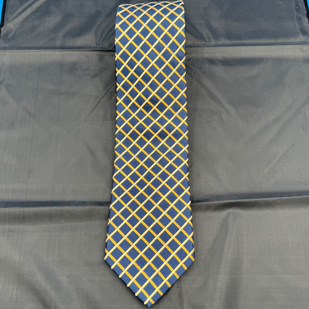 Nautica Men Navy Blue Gold Diamond Grid Silk Necktie